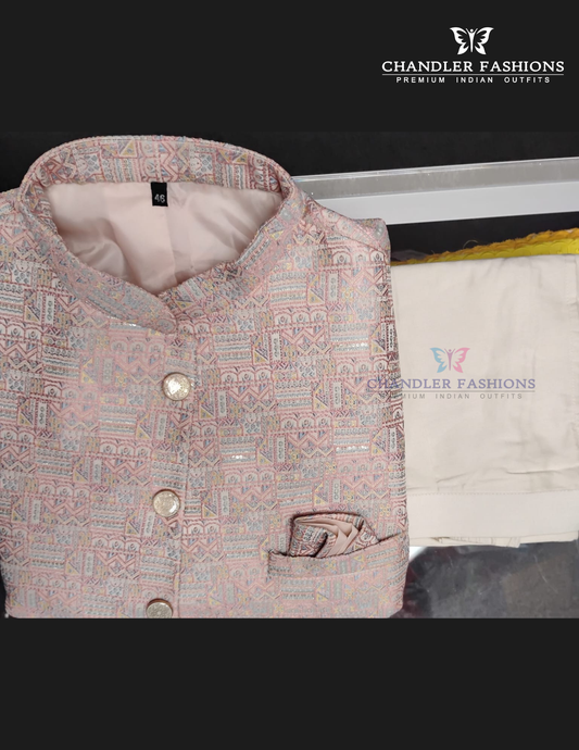 Elegant Peach Color Jacquard Silk With Embroidery And Sequins Work Men's Blazer