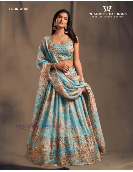 Beautiful Light Blue Color Golden Zari And Sequins Work Lehenga Choli With Dupatta Set