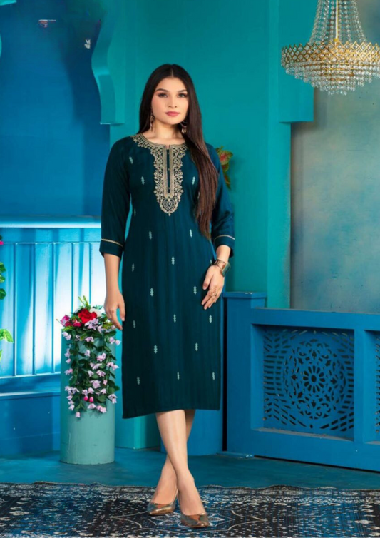 Gorgeous Blue Color A-Line Kurti With Computer Dori Sequence Embroidery Work Kurti