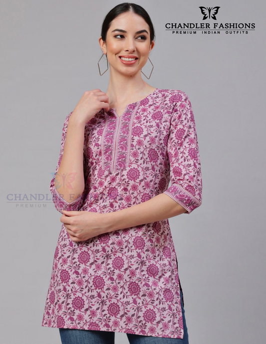 Alluring Pink Color Cotton With Printed Work Short Kurti For Women
