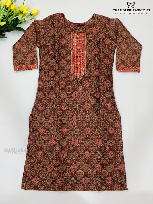 Pleasing Brown Color Kurti With Zari Embroidery And Sequins Work For Women