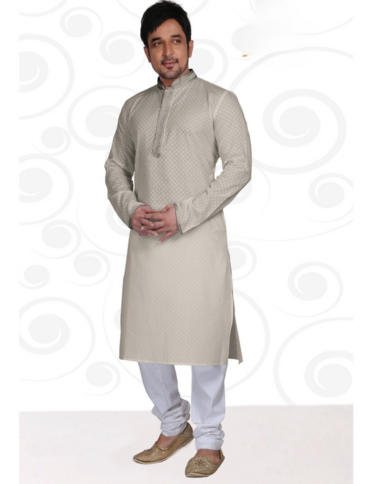 Delightful White Color Lace Work Kurta With Pajama Set For Men 
