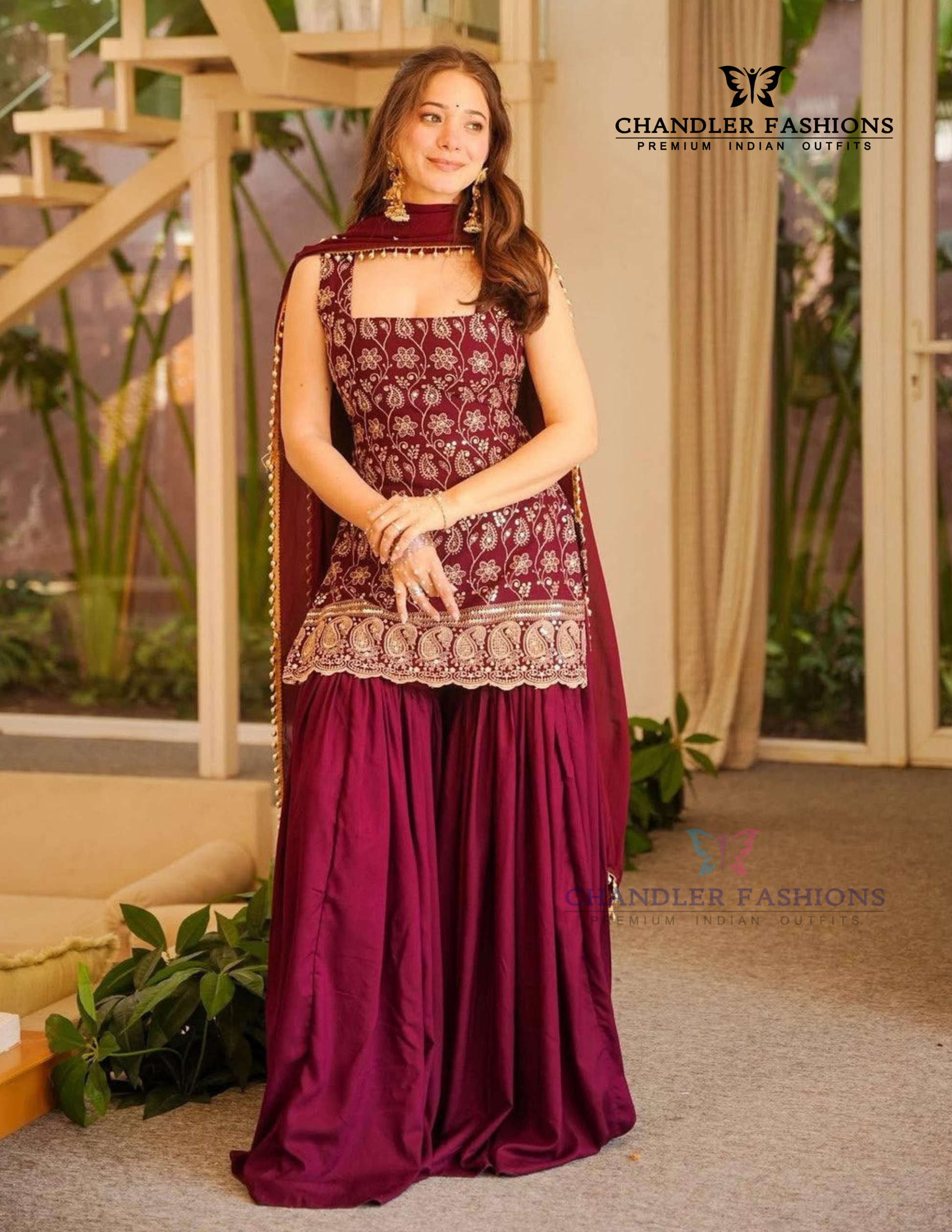 Alluring Maroon Color Georgette Palazzo Suit With Embroidery Work Near Me