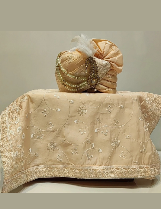 Attractive Cream Color Stone And Beads Work Men's Wedding Turban