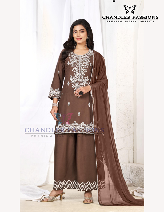 Wonderful Brown Color Rayon With Thread Work Palazzo Suits For Women