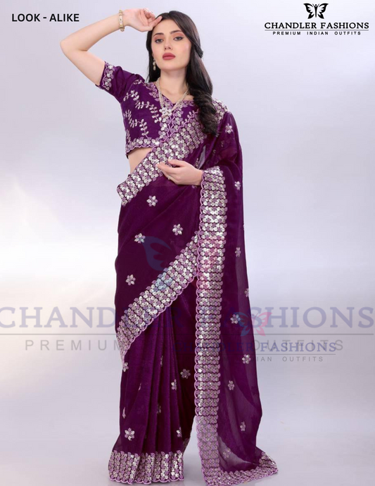 Pretty Purple Color Gold Tussar Sequins Saree With Embroidery Work