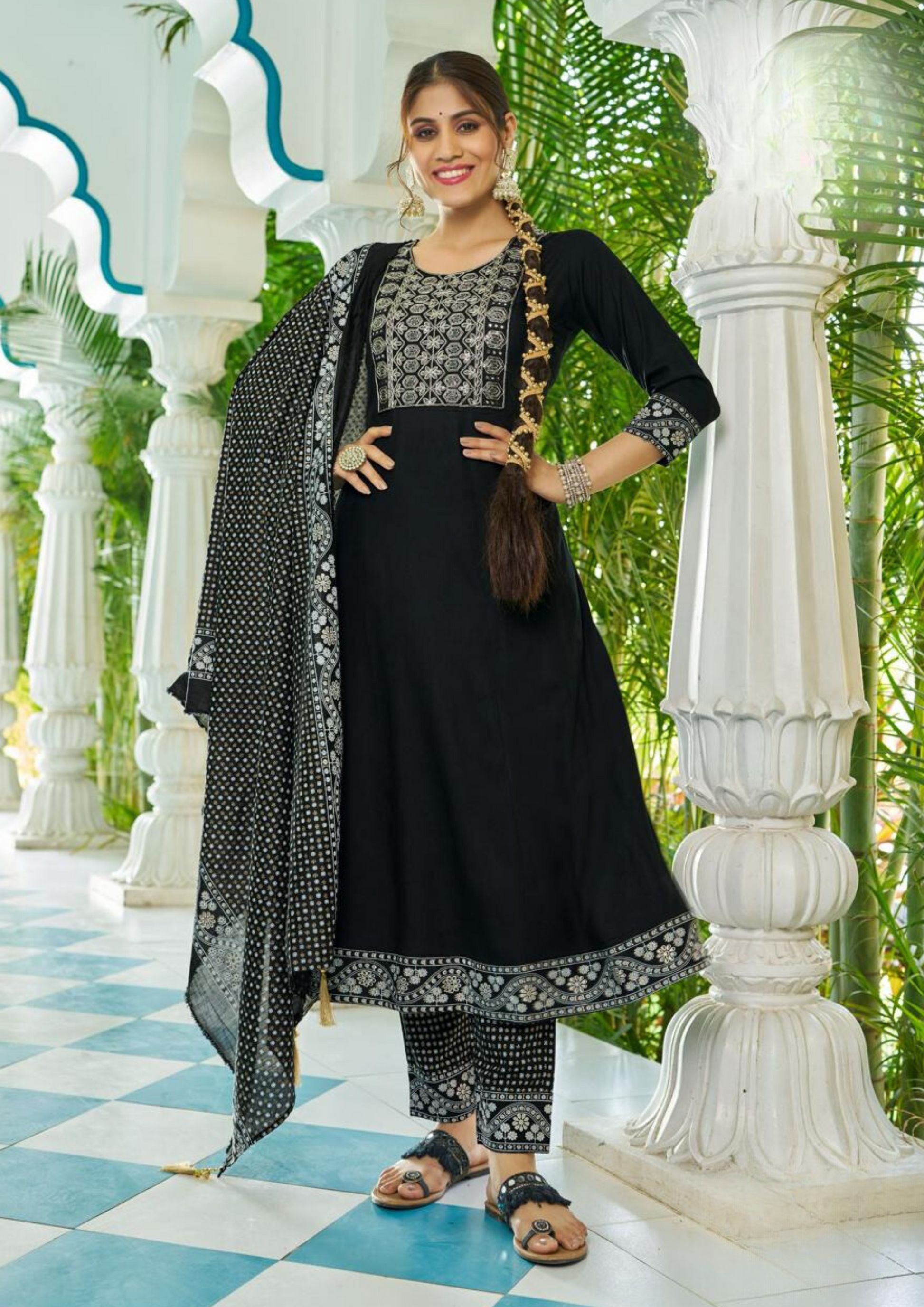 Gorgeous Black Color Rayon Foil Print And Embroidery work Salwar Suits For Women