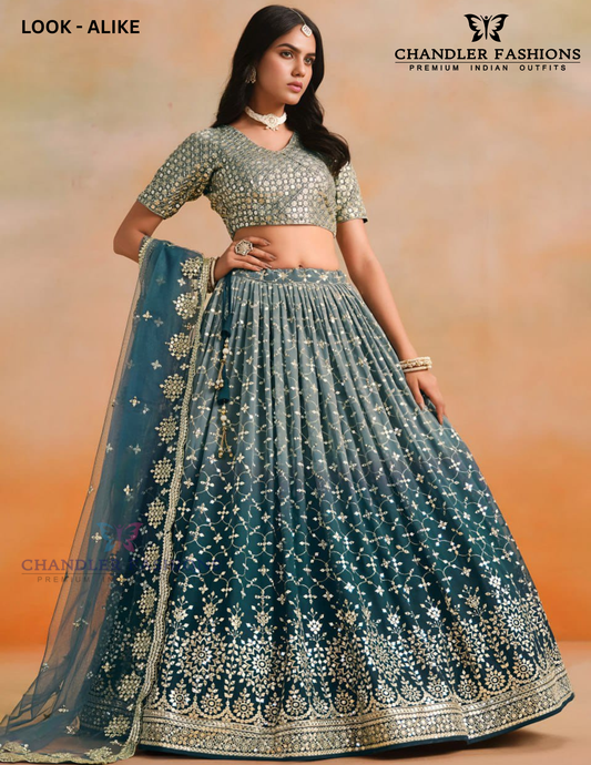 Wonderful Teal Blue Color Georgette With Embroidery And Sequins Work Lehenga Choli With Dupatta For Women