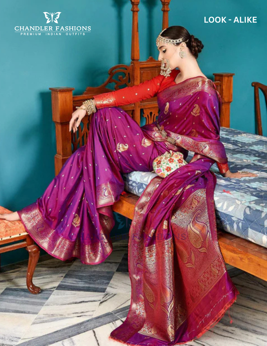Attractive Purple Color Copper Weaving Soft Silk Saree For Women