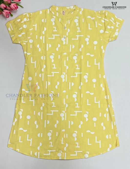 Exquisite Yellow Color Cotton Kurti With Printed Work For Girls