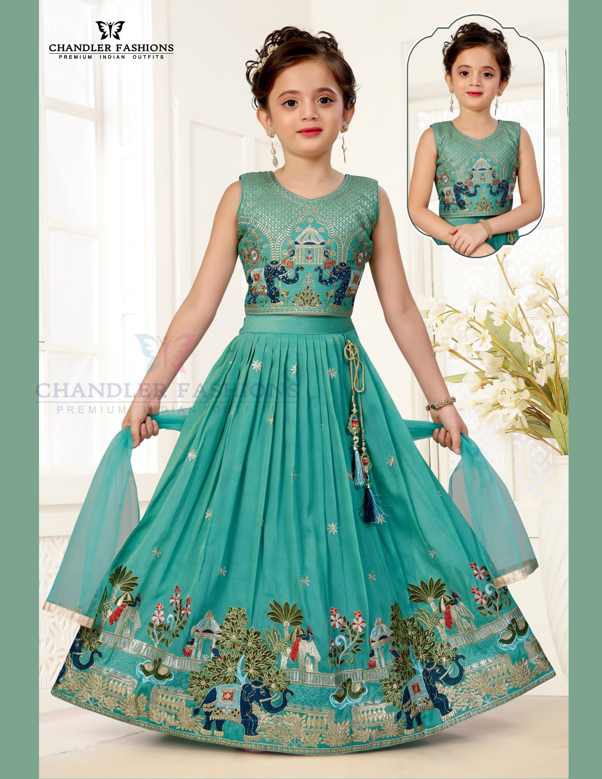 Charming Sea Green Color Embroidery And Sequins Work Choli Set With Dupatta For Girls