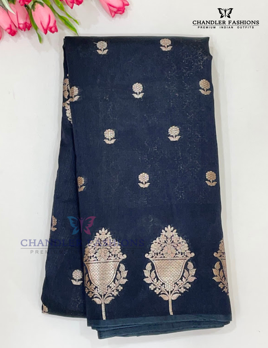 Pretty Black Color Silk Cotton With Gold Zari Saree For Women