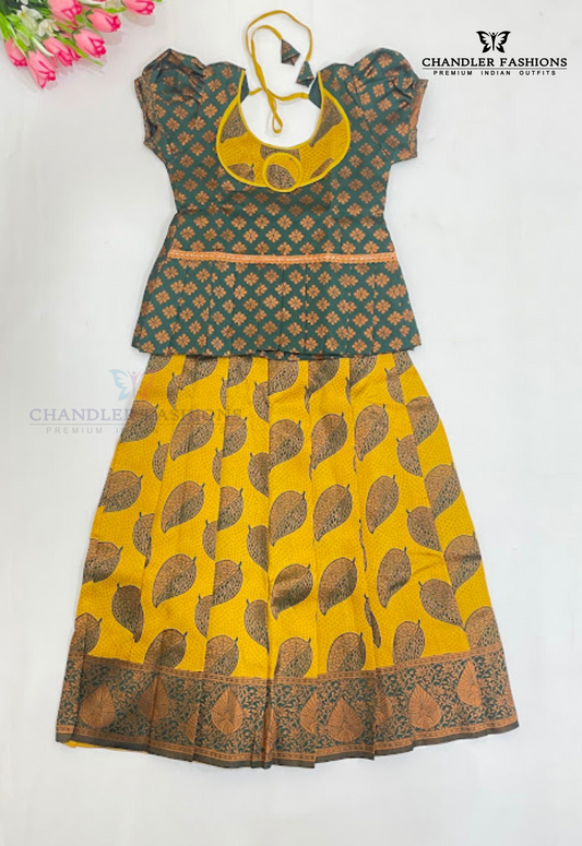 Attractive Drak Green And Mustard Yellow Color Silk Langa Sets For Girls