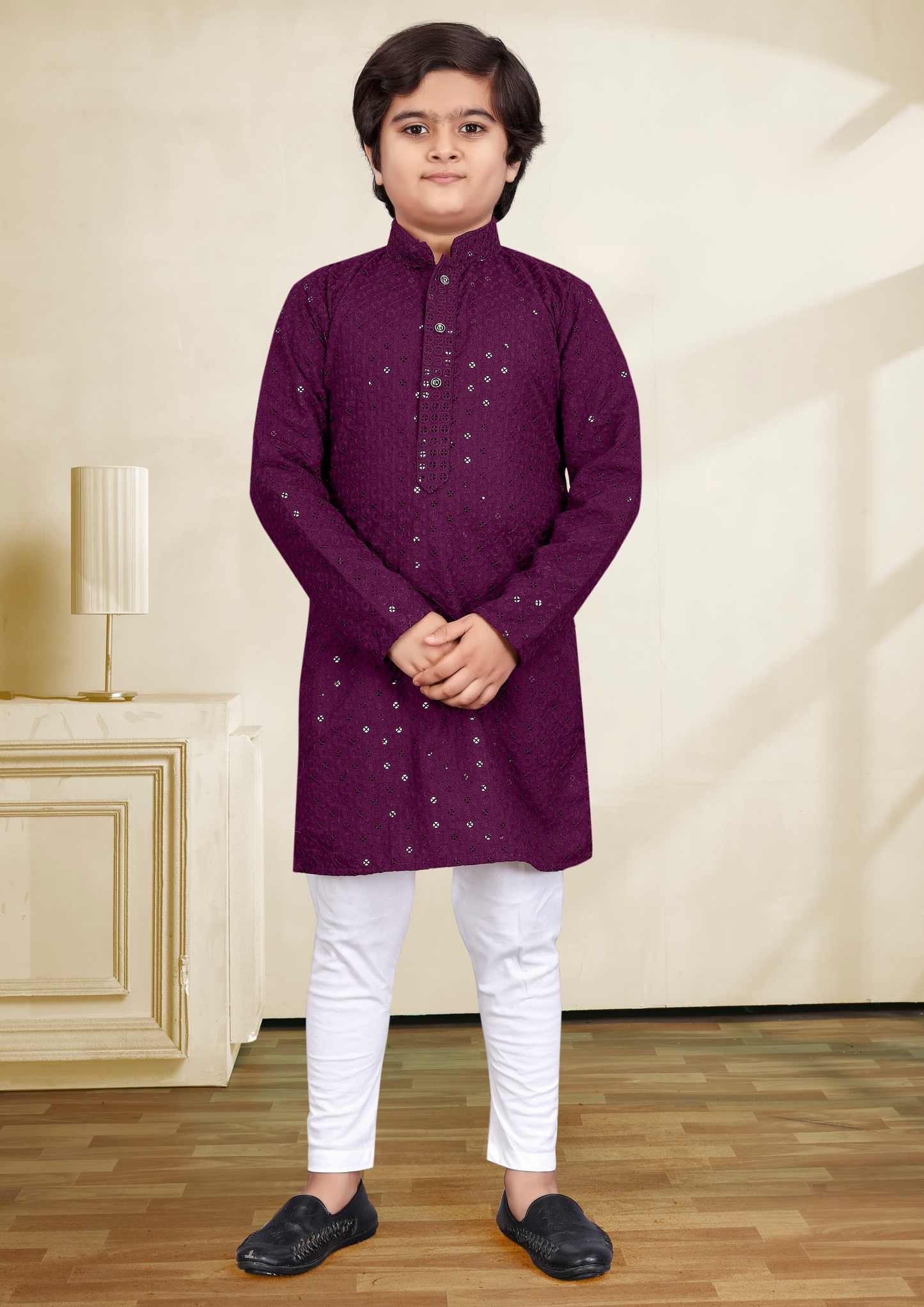 Attractive Violet Color Kid's Straight Rayon Kurta With Embroidery Work With Pajama Pant