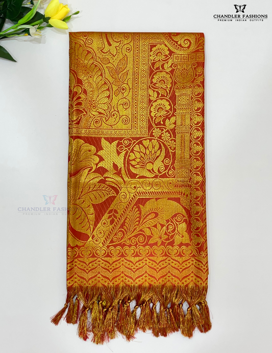 Elegant Orange Color Art Silk Shawl With Designer Zari Work (Ponnadai) For Guest