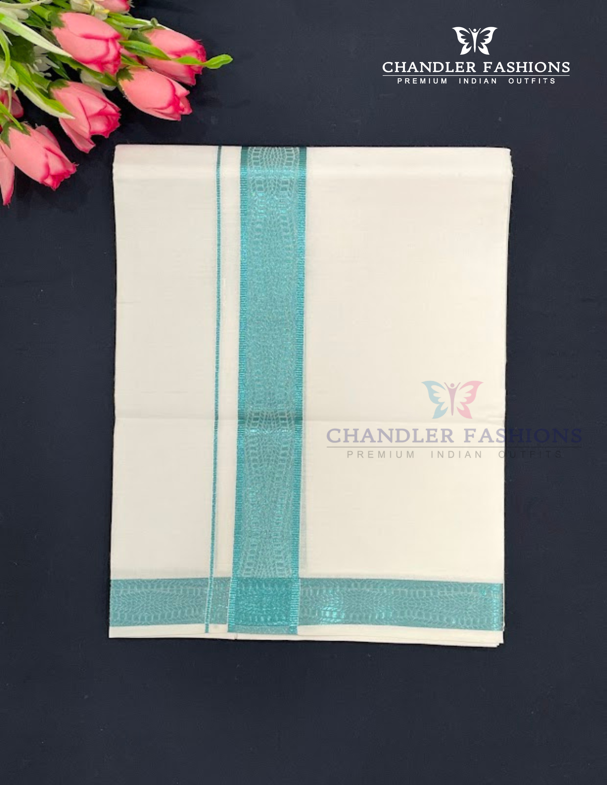 Appealing Men's White Color Cotton Dhoti With Light Blue Border