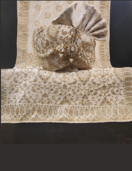 Pretty Cream Color Sequins And Beads Work Wedding Turban For Men