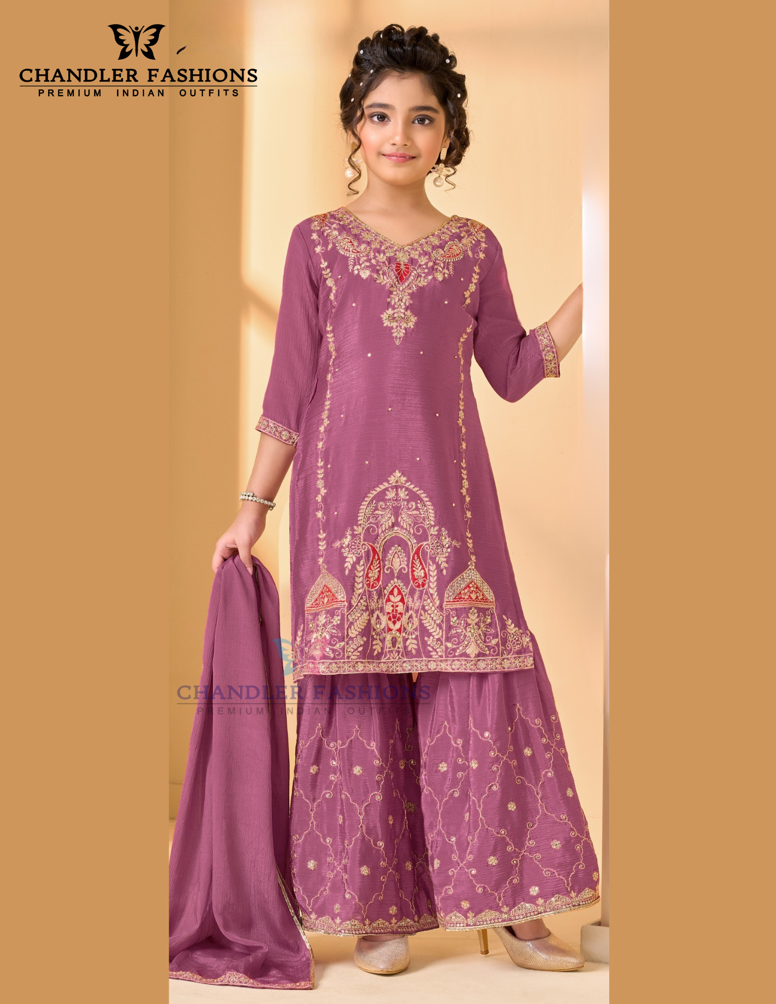 Pretty Light Violet Color Heavy Chinon With Embroidery And Sequins Work Palazzo Suits For Girls