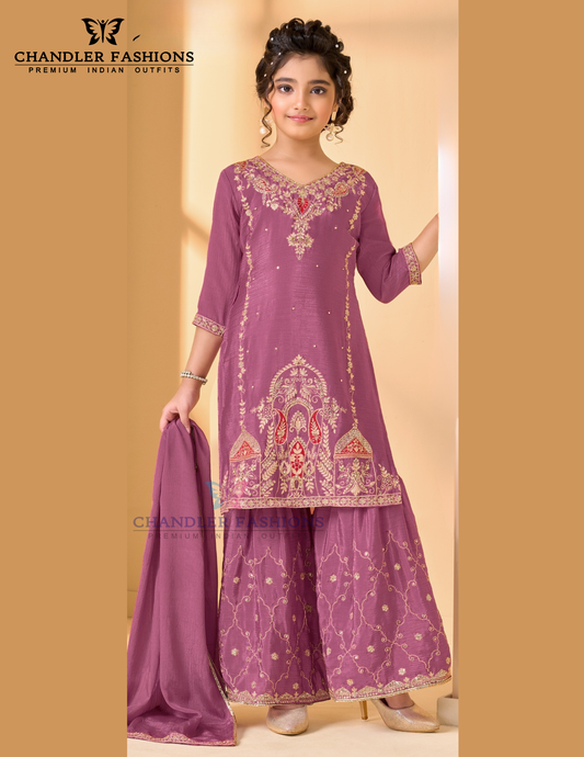 Pretty Light Violet Color Heavy Chinon With Embroidery And Sequins Work Palazzo Suits For Girls