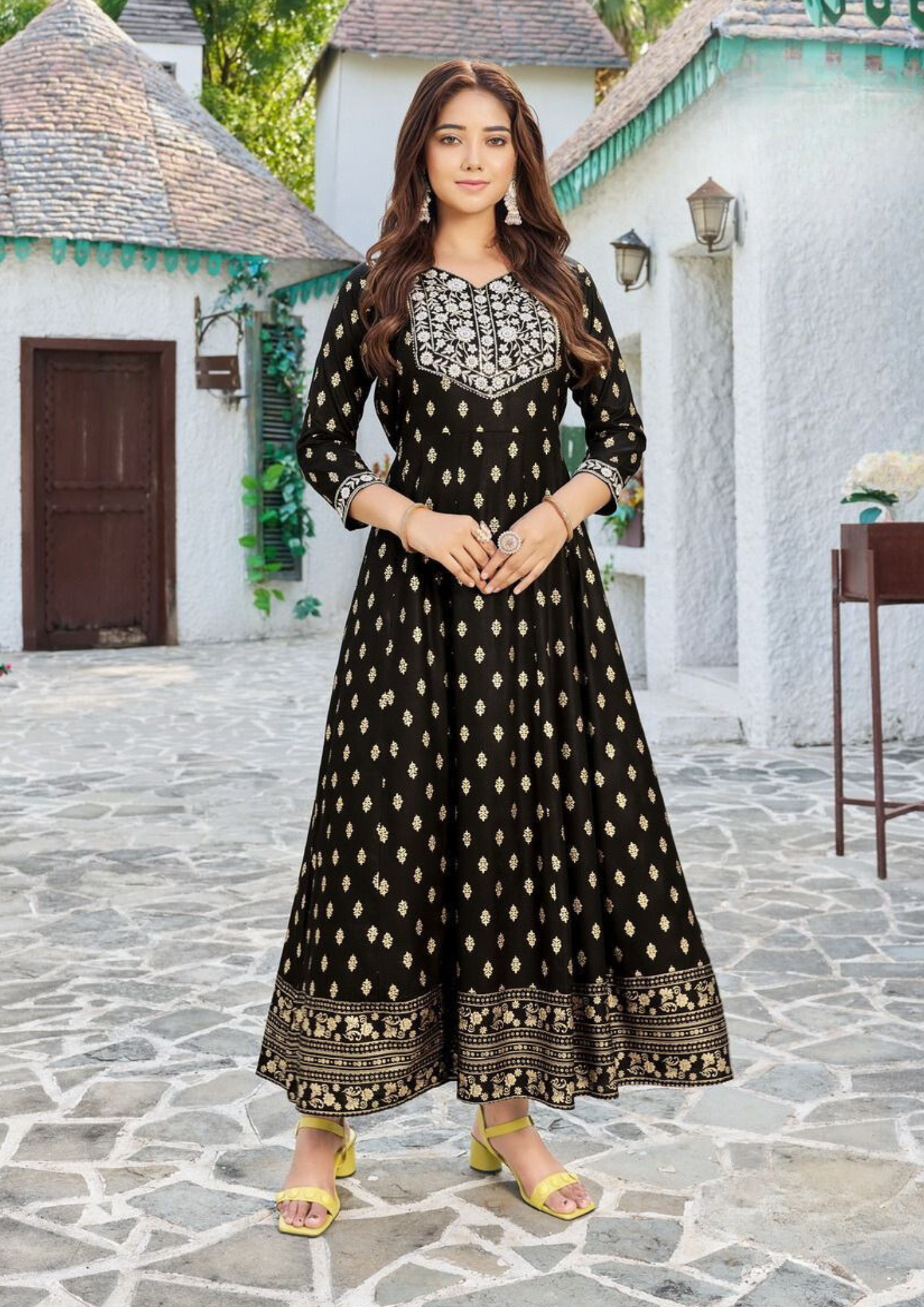 Beautiful Black Color Rayon print Embroidery Gown With Belt