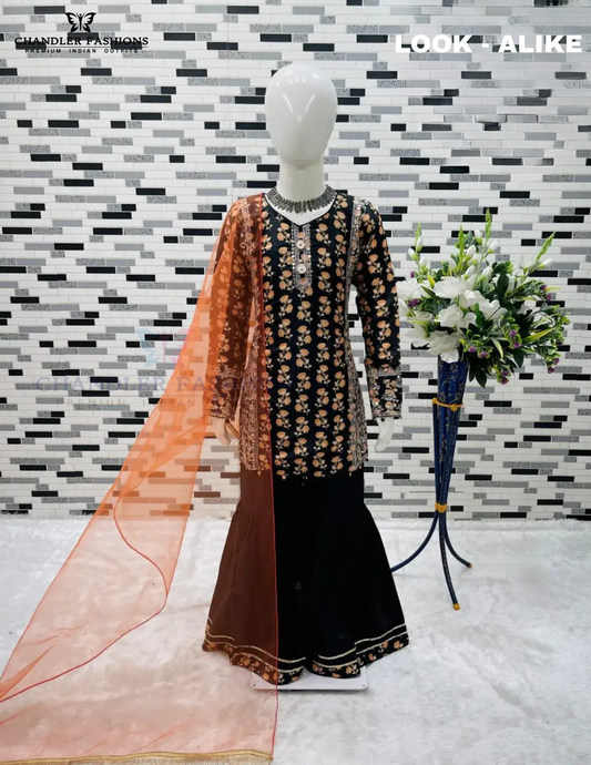 Beautiful Black Color Chinon With Embroidery Sequins Work With Fancy Button Sharara Suits For Girls 