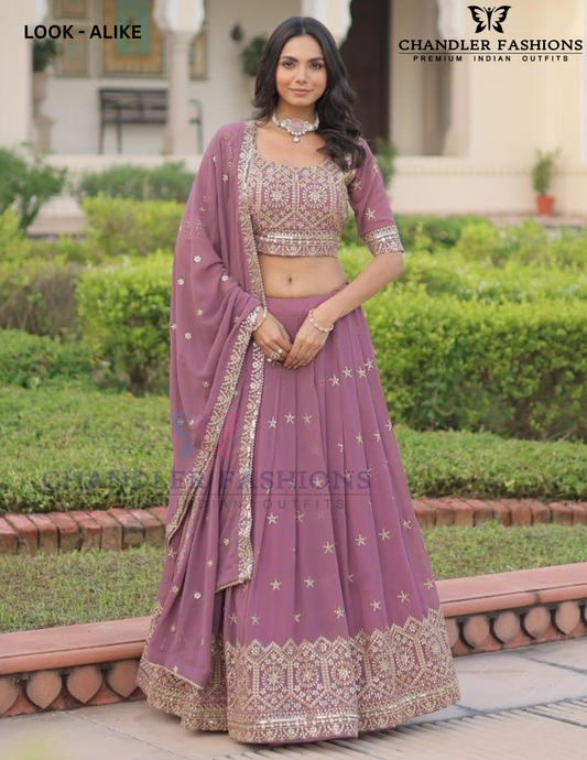 Beautiful Purple Color Faux Georgette With Embroidery And Sequins Work Lehenga Choli With Dupatta