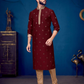 Alluring Maroon Color Slub Silk Embroidery Work Kurta Pajama Set For Men
