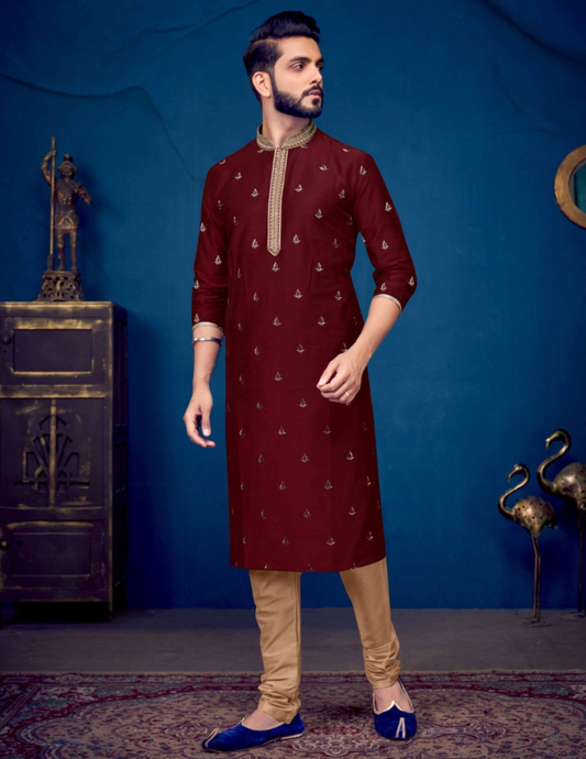 Alluring Maroon Color Slub Silk Embroidery Work Kurta Pajama Set For Men