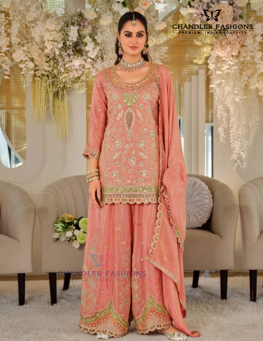 Gorgeous Peach Color Chinon With Embroidery And Sequins Work Palazzo Suit With Dupatta For Women