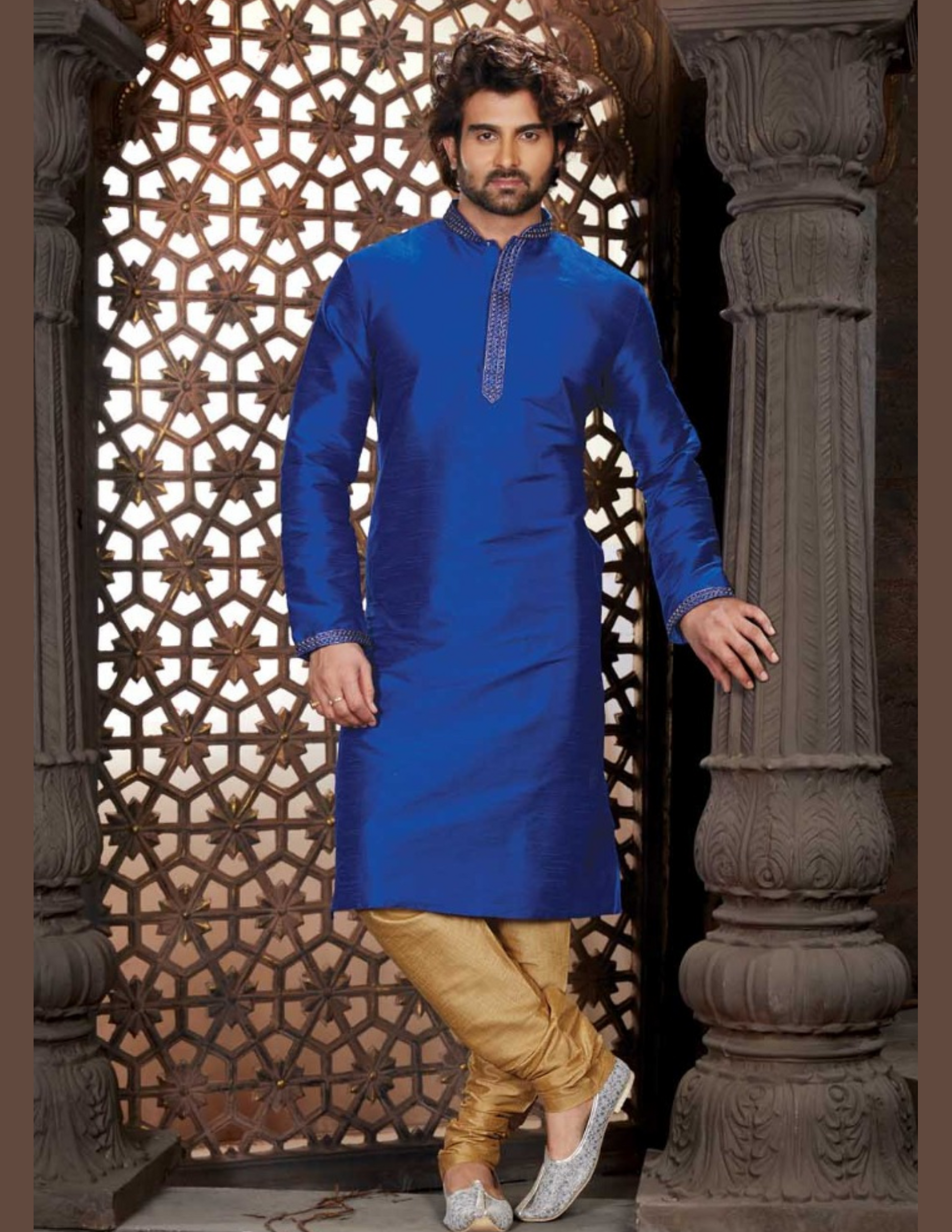 Delightful Royal Blue Color Lace Work With Pajama Set Dupion Silk For Men's Kurta