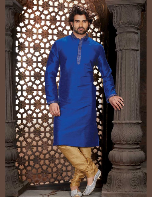 Delightful Royal Blue Color Lace Work With Pajama Set Dupion Silk For Men's Kurta