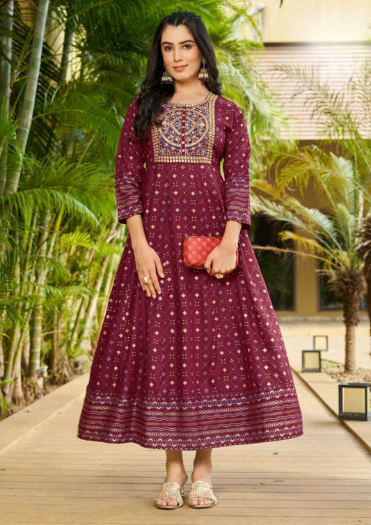 Appealing Maroon Color Rayon Foil Print Anarkali Gown With Embroidery Work