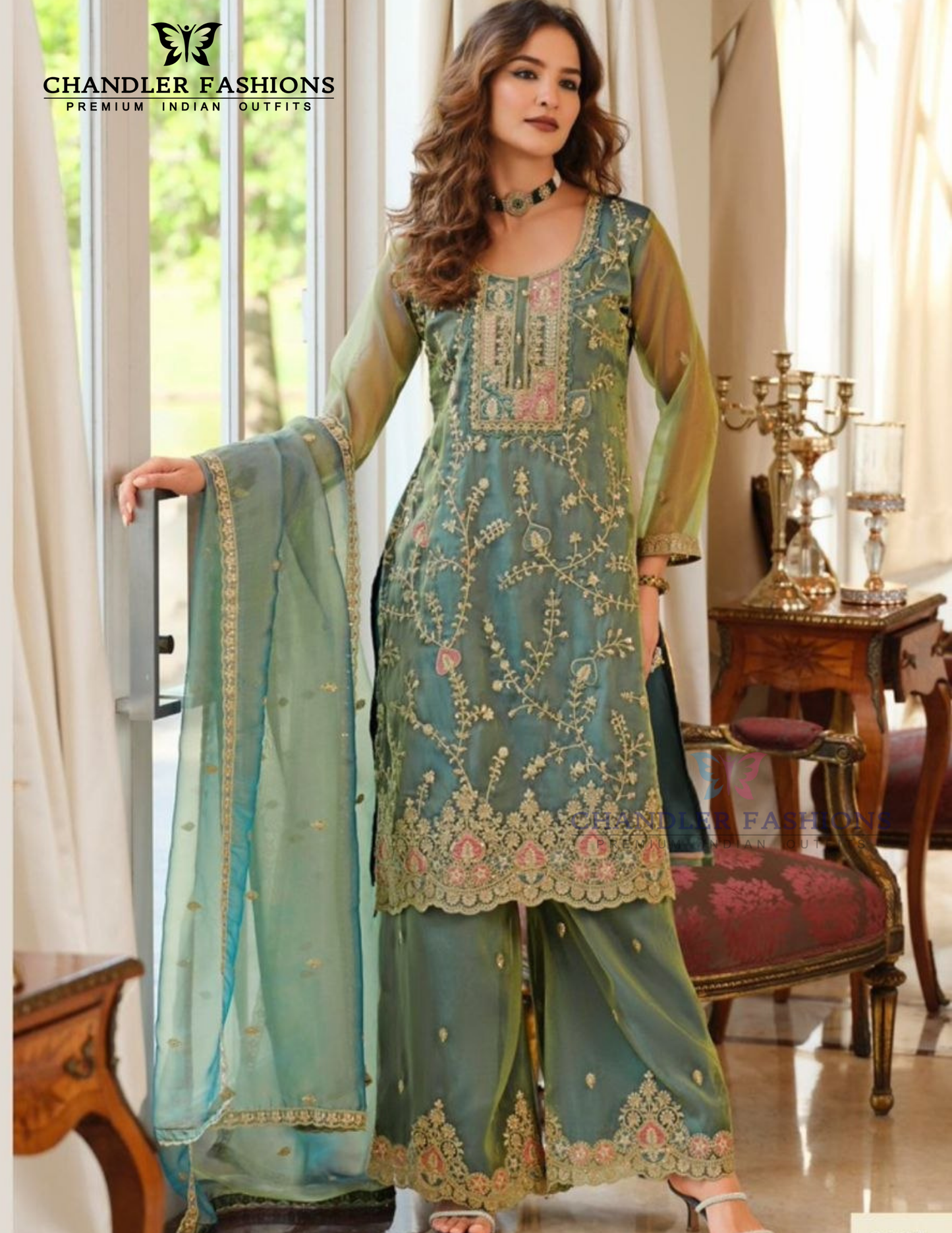 Alluring Teal Green Color Shimmer With Embroidery Work Palazzo Suits For Women