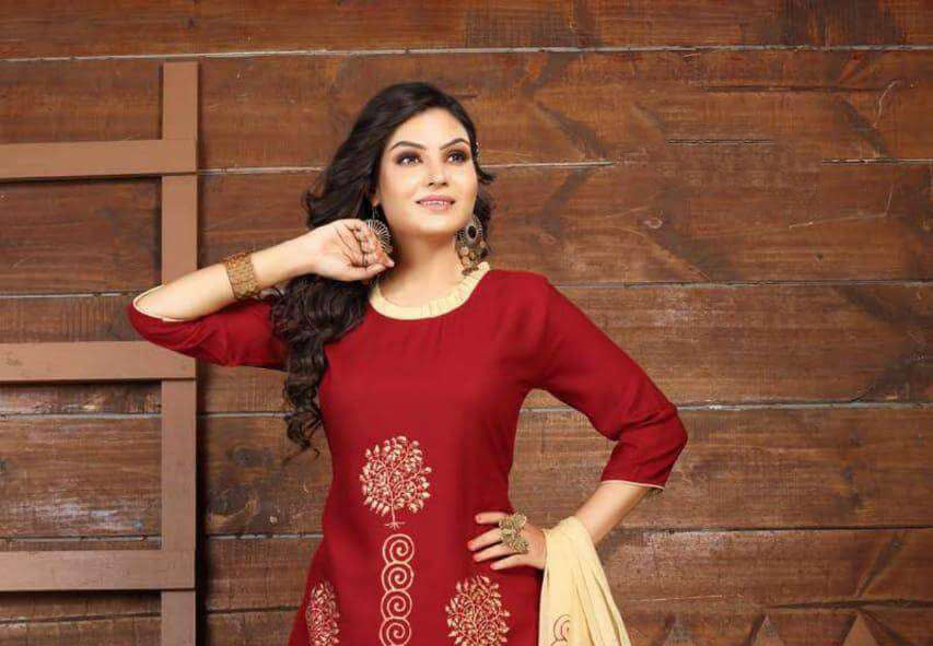 Alluring Red Color Printed Kurti With Beige Palazzo Pant and a Beige Dupatta In USA