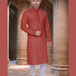Alluring Red Color Poly Cotton Lace Embroidery Work Kurta Pajama Set For Men