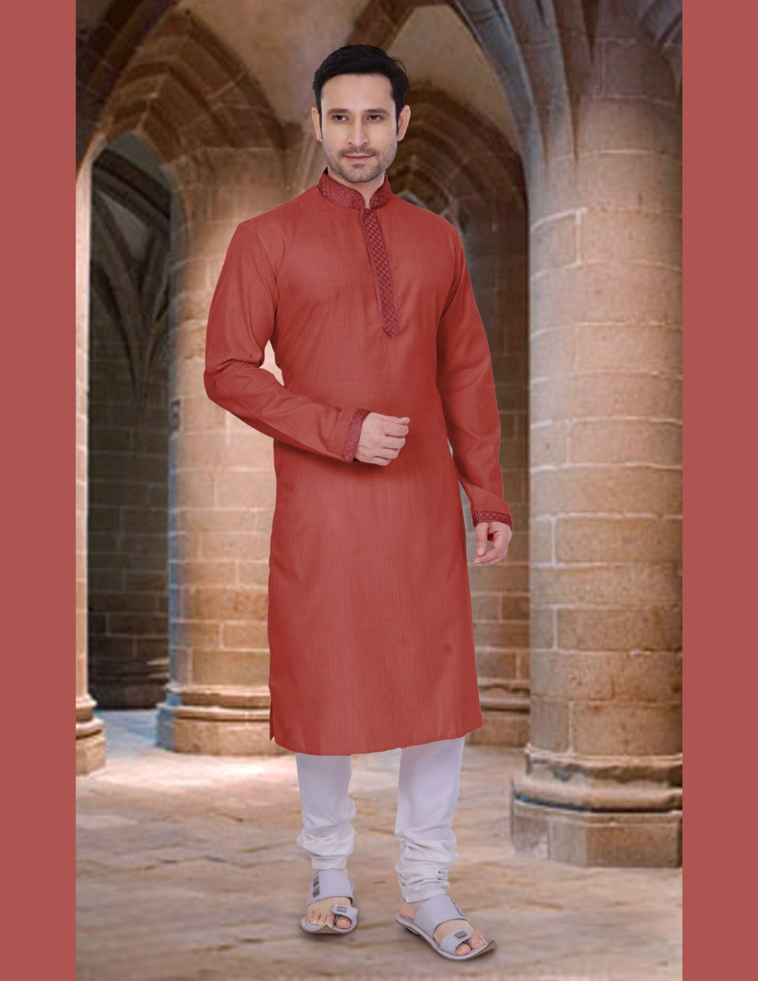 Alluring Red Color Poly Cotton Lace Embroidery Work Kurta Pajama Set For Men