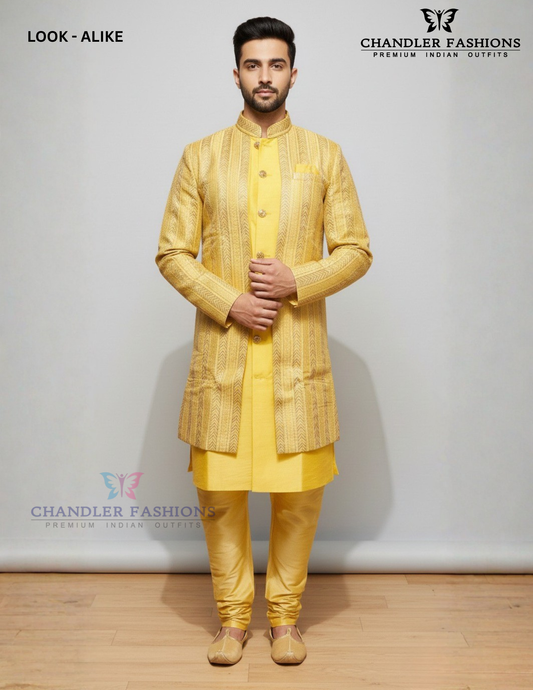 Beautiful Yellow Color Embroidery And Sequins Work Sherwani Suits For Men