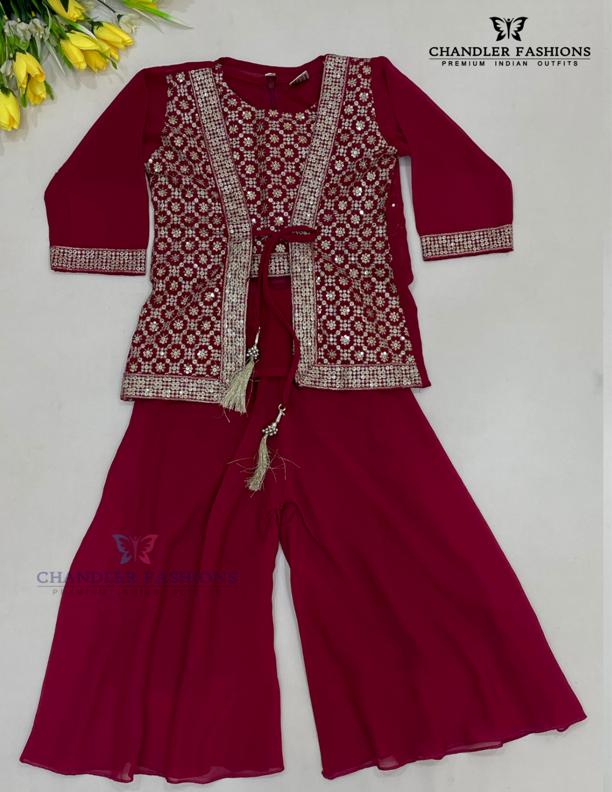Wonderful Dark Pink Color Georgette With Embroidery And Sequins Work Sharara Suits For Girls