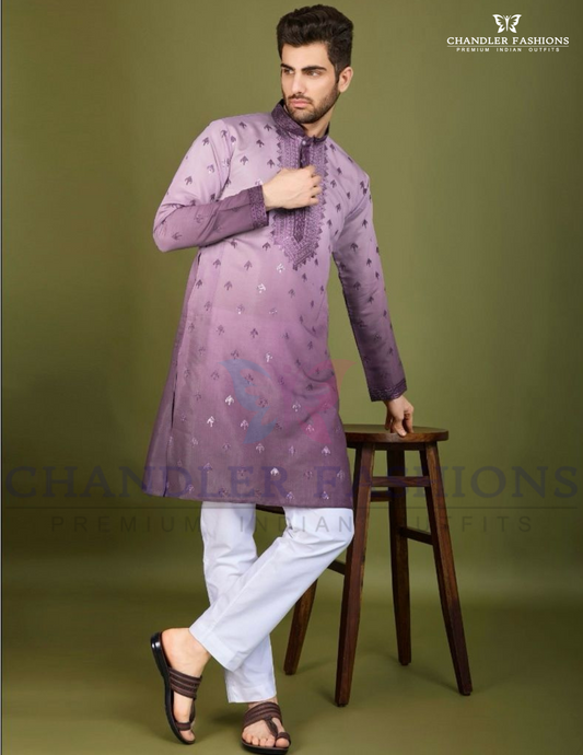 Attractive Purple Color Embroidery Kurta Thread Work With Pajama Cotton Set For Men