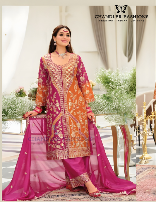 Alluring Pink And Orange Color Embroidery Work Kurti With Palazzo Pant Set For Women