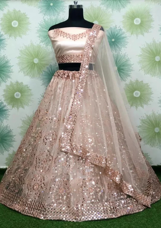 Gorgeous Peach Color Heavy Net Embroidery Sequins Work Lehenga With Dupatta