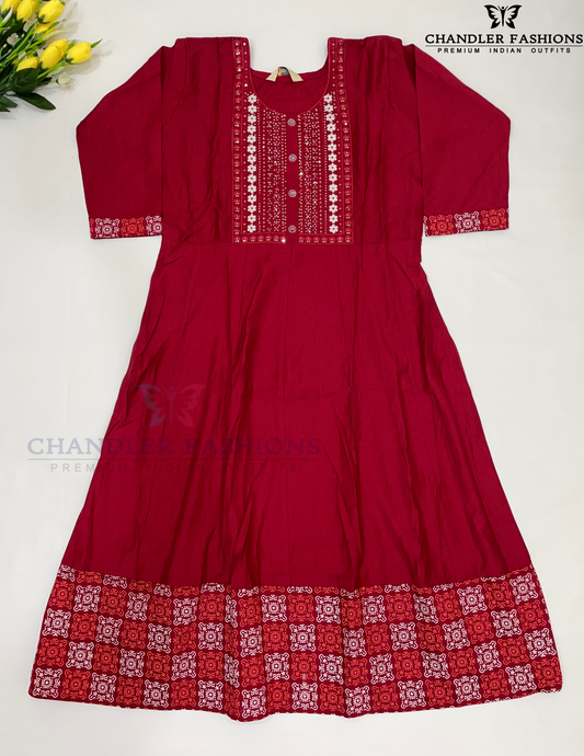 Elegant Dark Red Color Cotton With Embroidery Sequins Work Kurti For Women