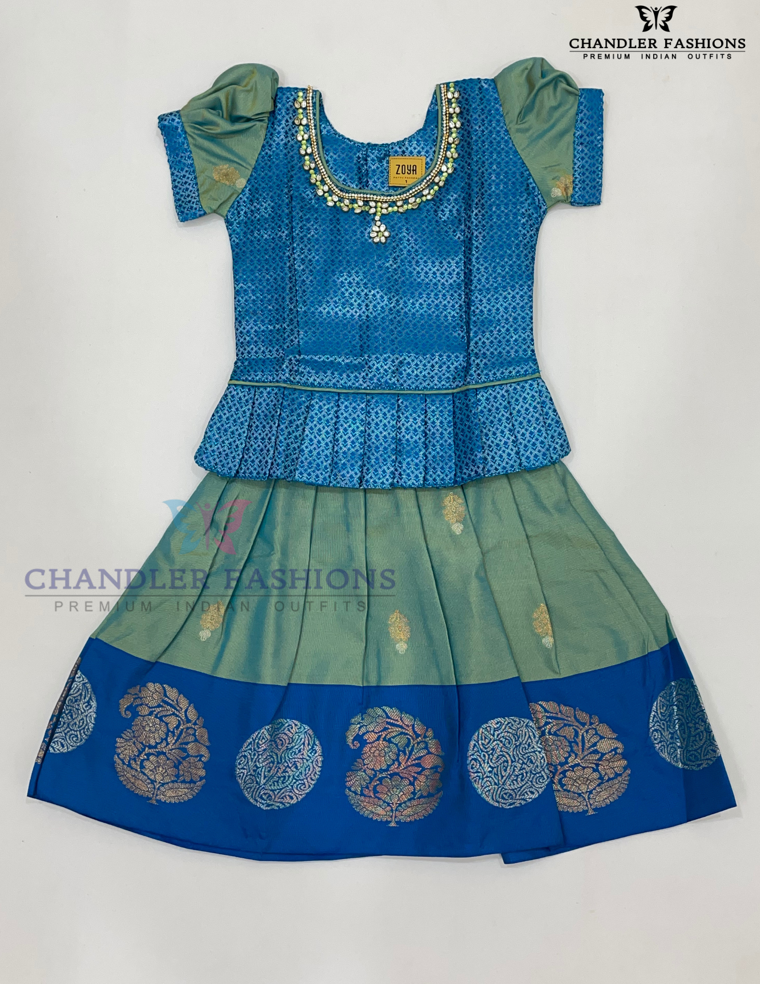 Pleasing Blue Color Soft Silk Langa Set With Stone Work For Girls