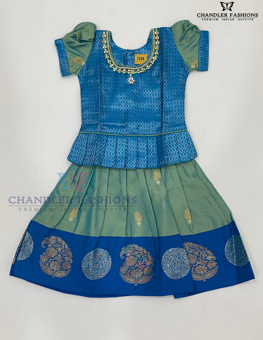 Pleasing Blue Color Soft Silk Langa Set With Stone Work For Girls