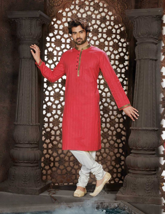 Beautiful Red Color Linen Cotton Men's Kurta With Pajama Pant
