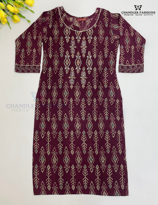 Wonderful Maroon Color Cotton Kurti With Printed And Mirror Work For Girls