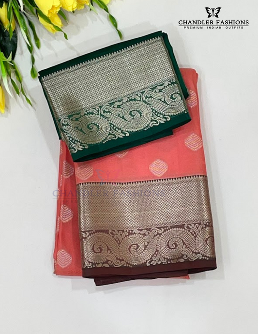 Alluring Peach Color Pure Kanchi Silk Gold Zari Work Saree For Women - SILKMARK CERTIFIED