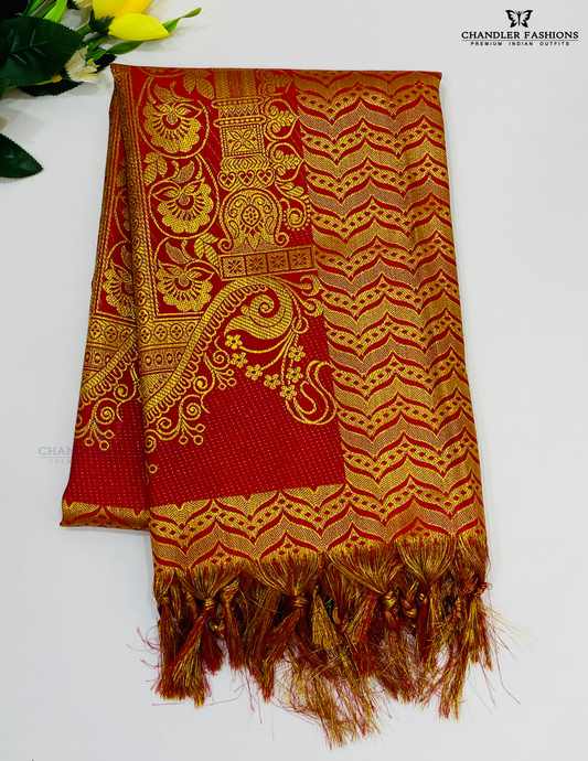 Attractive Red Color Silk Shawl With Golden Flower Zari Work (Ponnadai) For Guest