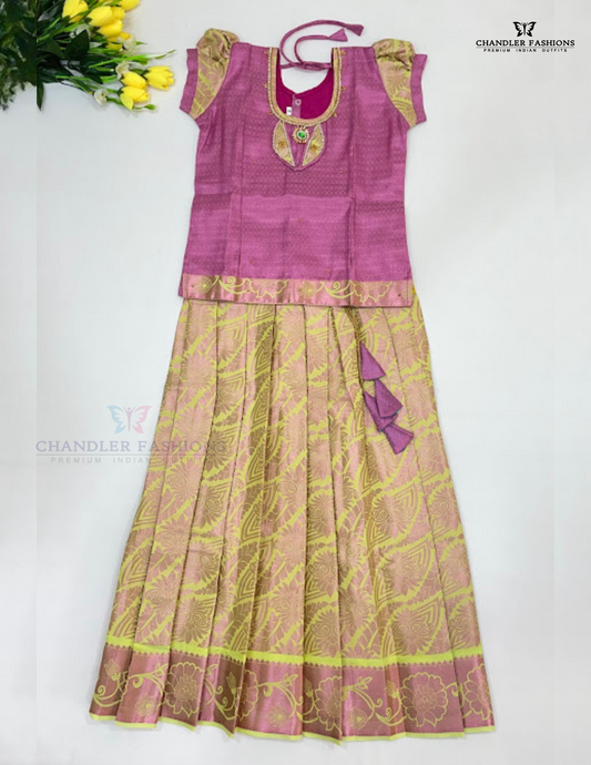 Attractive Pink Color Silk Langa Set With Zari Work For Girls