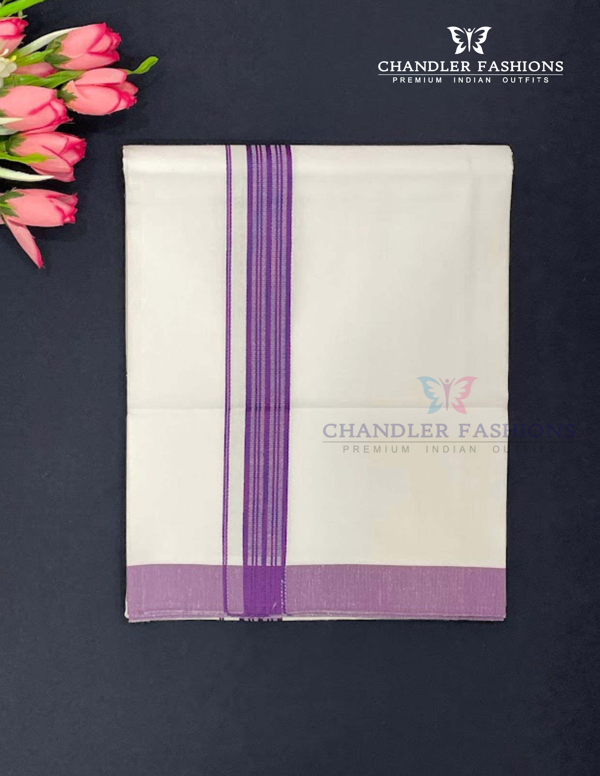 Attractive Men's White Color Cotton Dhoti With Violet Border